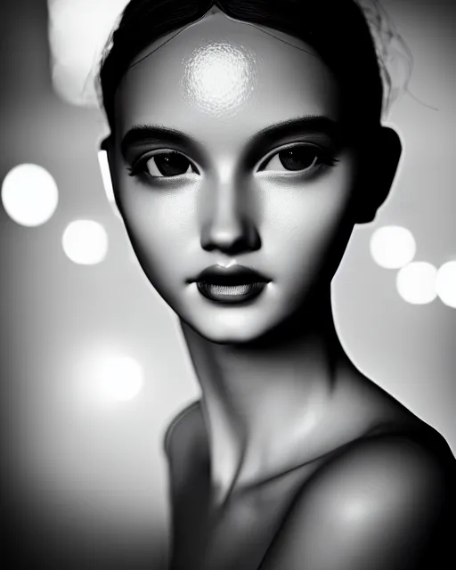 Image similar to black and white dreamy young beautiful female artificial intelligence, cinematic, rim light, bokeh, photo - realistic, elegant, high detail, 8 k, masterpiece, photo taken in 1 9 3 0