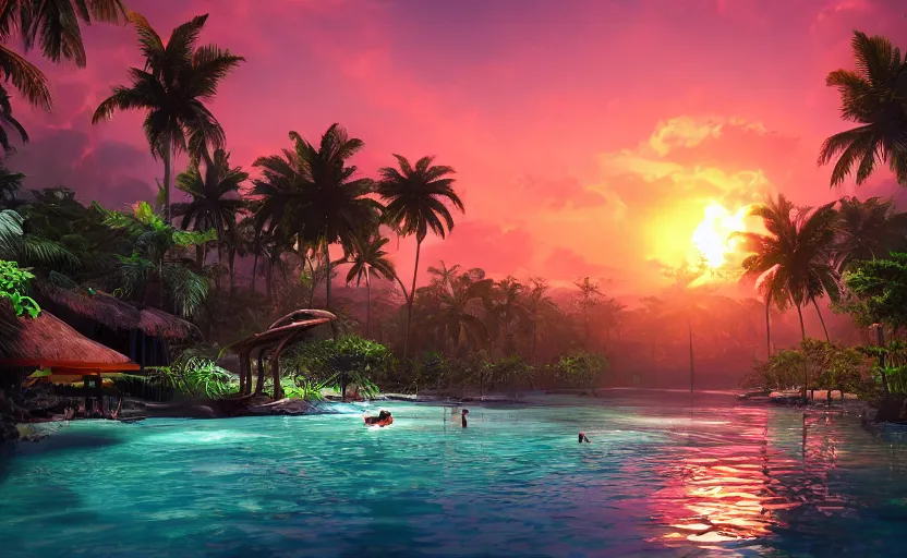 Image similar to a tropical resort in a jungle paradise, with a beautiful red and blue sunset, dynamic lighting, photorealistic fantasy concept art, trending on art station, stunning visuals, creative, cinematic, ultra detailed, ray tracing, sun rays