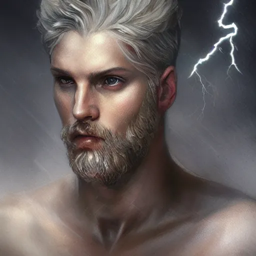 Image similar to Zeus, the lightning god, masculine features, cinematic lighting, powerful, hyper-detailed, cgsociety, 8k, high resolution, in the style of Charlie Bowater, Tom Bagshaw, single face, symmetrical, headshot photography, insanely detailed and intricate, beautiful, elegant, watercolor, cinematic, portrait, Raphaelite, headroom, artstation, Pierre-Auguste Renoir