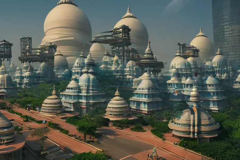 Prompt: beautiful futuristic biomorphic new delhi, sci - fi ganesha!! building, kalighat flowers, octane highly detailed cinematic, stephen shore & john j. park, soft morning light, wide shot, aerial shot, uhd 8 k, shallow depth of field