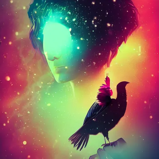 Image similar to portrait from a crow, feathers, bird, avian, wings, synthwave, universe background, nebula, galaxy, artstation