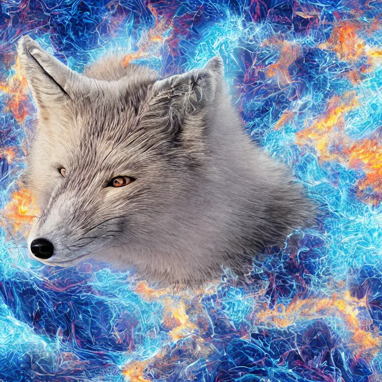 Prompt: surrealistic arctic fox surrounded by fire and ice and destruction in the center of world photorealistic hyperrealistic symmetrical detailed fractal