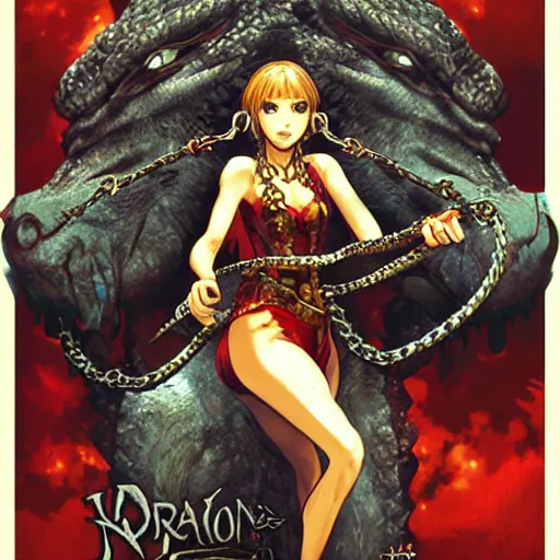 Image similar to Dragon Woman in chains, game poster printed on playstation 2 video game box , Artwork by Akihiko Yoshida, cinematic composition