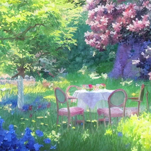 Prompt: a painting of a summer garden with white table, tall grass, chairs and apple trees, shadow, flowers, watercolor, color pensils and pastel, lovely, nostalgic, beautiful, impressionist, wonderful, art by makoto shinkai and hayao miyazaki