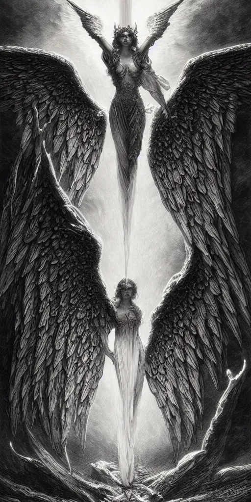 Image similar to burning wings of lucifer falling from the heavens, elegant, beautiful, engraving, concept art, elden ring, illustration, smooth, sharp focus, by gustave dore and greg rutkowski, hyper realistic, ephemeral, dramatic lighting, fantasy art, in the style of midjourney, intricate, alphonse mucha, hyper detailed