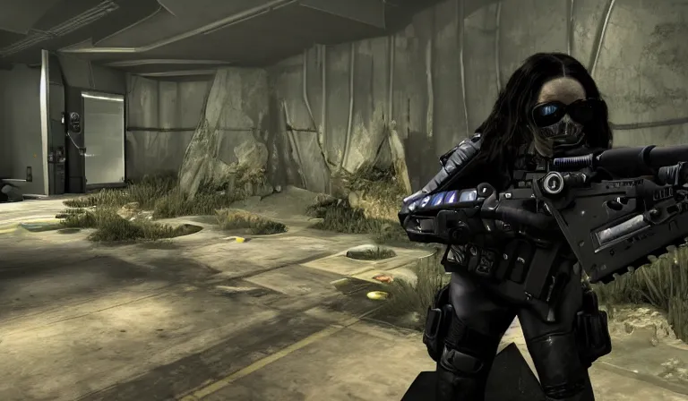 Prompt: Susie Essman aiming a sniper rifle in a video game, screenshot, wide shot, low angle, System Shock 2, Fallout New Vegas, Deus Ex, Doom Eternal, Quake, Perfect Dark, Bioshock, Half Life 2, Alien Isolation, Soma, Dead Space