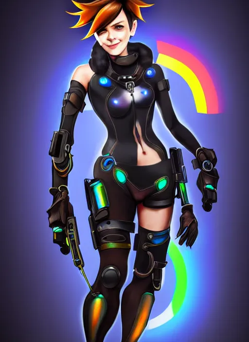 Image similar to full body digital artwork of tracer overwatch, wearing black iridescent rainbow latex, 4 k, expressive happy smug expression, makeup, in style of mark arian, wearing detailed black leather collar, wearing sleek armor, black leather harness, expressive detailed face and eyes,