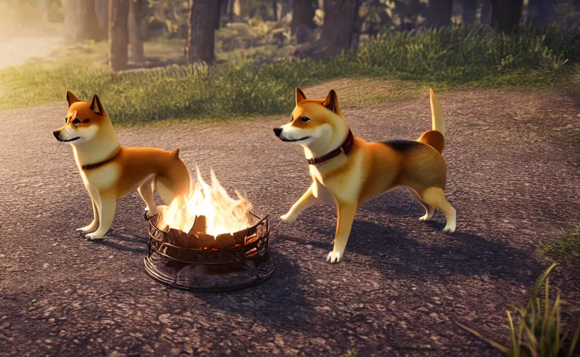 Prompt: A shiba inu dog in unreal engine, cinematic shot, campfire