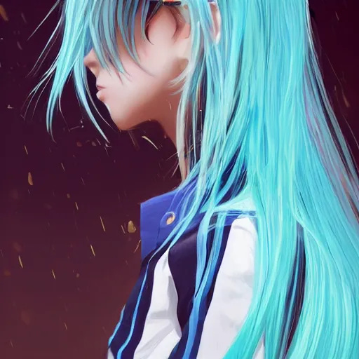 Image similar to side profile of rimuru tempest crying with sky blue hair, long hair, gold eyes, high collar, black jacket with white stripes | shiny, highly detailed, rain, professional digital painting, concept art, award - winning photography, cinematic, wlop | art by pixiv art, ilya kuvshinov yoshitaka amano