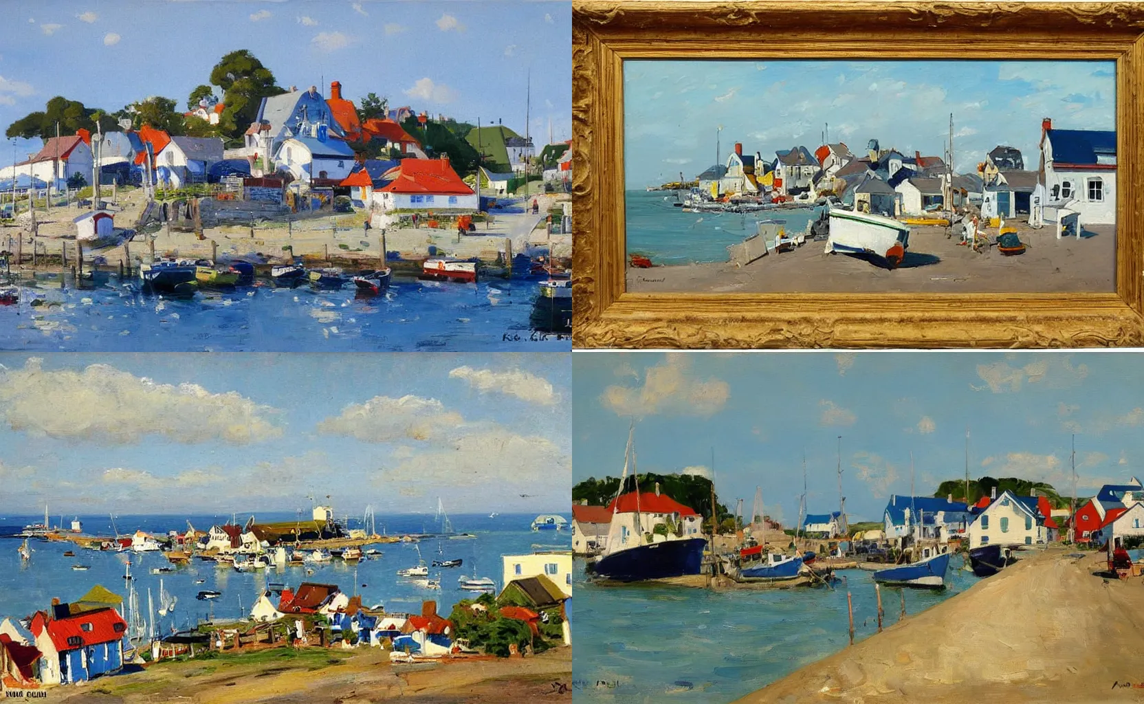 Prompt: a quaint fishing village by the seaside, painting by Karl Gustav Rodde and Ben Aronson