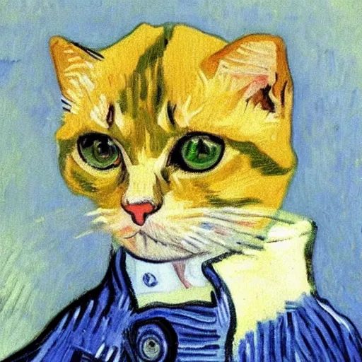 Image similar to a cute cat in a duffle coat, impressionist painting, painted by Van Gogh