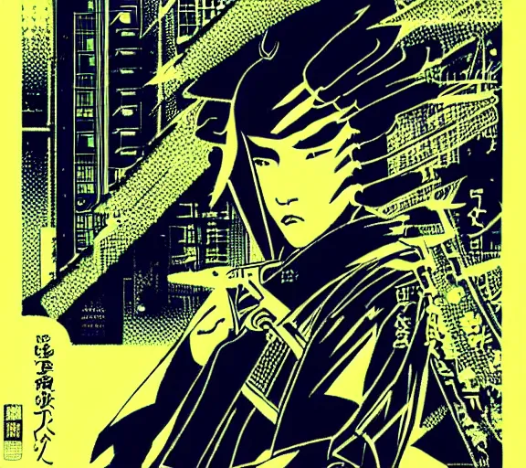 Prompt: futuristic japanese cyberpunk silk screen by utagawa yoshiiku, ohara koson, pixiv contest winner, cyberpunk style, cyberpunk color scheme, bio - machine, biotic