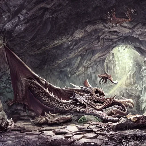 Image similar to a dragon protecting its treasure pile in a cave with bones scattered across the floor, matte painting.