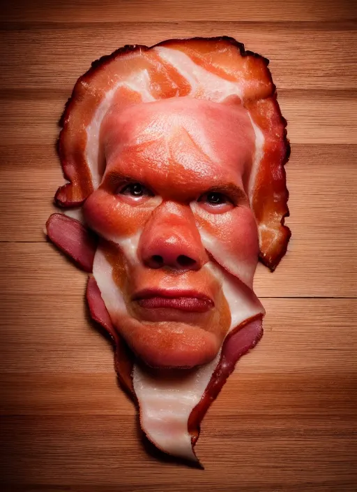 Image similar to bacon in the shape of a human face, human face made out of bacon, kevin bacon made out of bacon, professional food photography, unreal engine