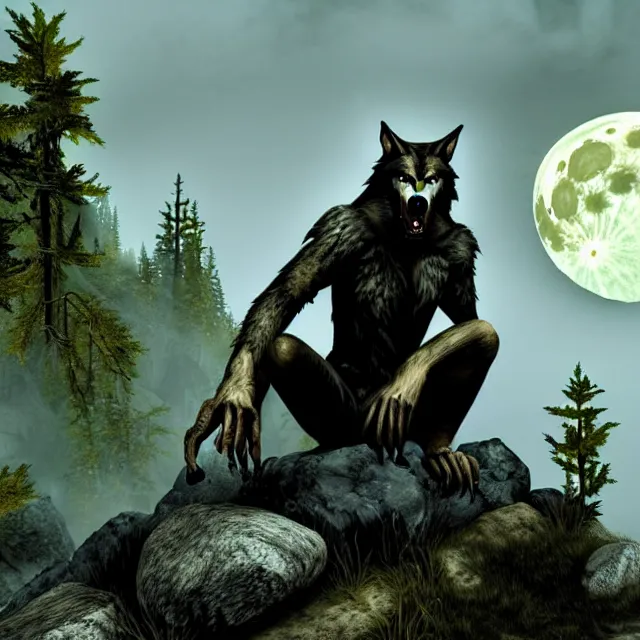 Image similar to A werewolf sitting on a rock, woodland creek, realistic, skyrim style, yellowish full moon