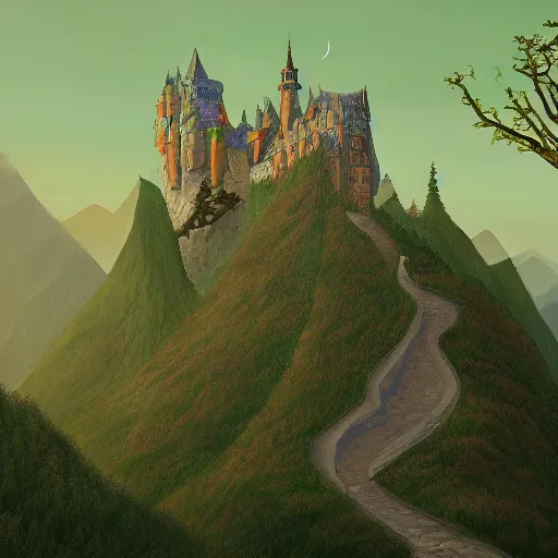 Image similar to a beautiful ultradetailed painting of high fantasy surreal arcane castle on a green mountain above a forest by wes anderson trending on artstation