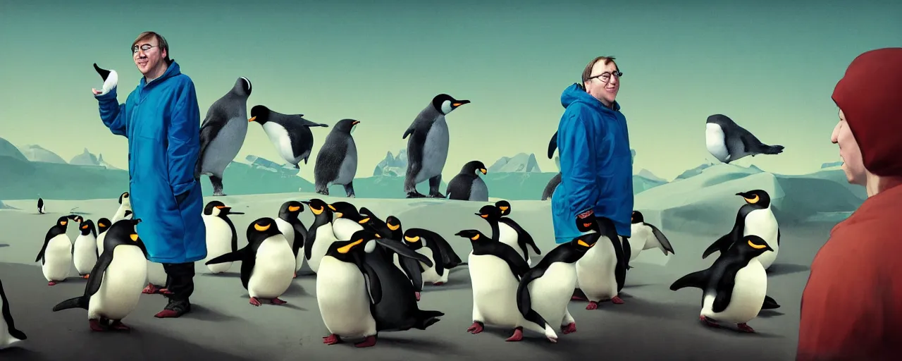 Image similar to duotone abstrac tconcept illustration 3 / 4 portrait of linus torvalds with penguins in the background. cinematic scene. vlumetric lighting. golden rario accidental renaissance. by sachin teng and sergey kolesov and ruan jia and heng z. graffiti art, scifi, fantasy, hyper detailed. octane render. concept art. trending on artstation