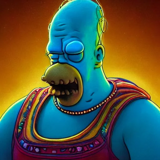 Image similar to ultra realistic illustration of magical homer simpson, forest, fantasy, colorful lights, intricate, elegant, highly detailed, digital painting, artstation, concept art, smooth, sharp focus, illustration, art by artgerm and greg rutkowski and alphonse mucha homer!!! simpson!!!