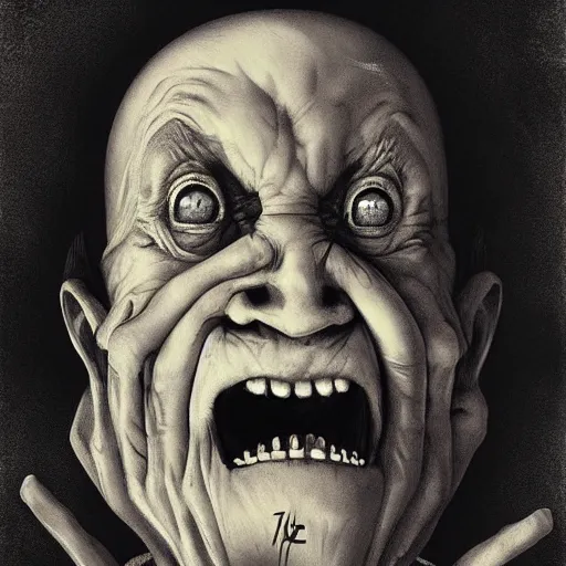 Prompt: horror movie poster art, a screaming frozen old man, by Francisco Goya, dirk dziminrsky and Marco Mazzoni