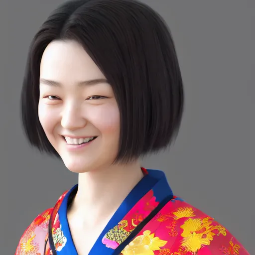 Image similar to centered portrait of a smiling 3D beautiful Japanese girl in kimono, hyperdetailed, digital painting, trending on Artstation, cel-shading style, CG society, hyperdetailed, digital painting, hypermaximalist, golden ratio, volumetric, octane render, weta digital, micro details, 3d sculpture