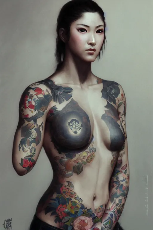 Image similar to portrait of yakuza girl with tattoo, highly detailed, digital art from artstation by Ruan Jia and Mandy Jurgens and Artgerm and william-adolphe bouguereau