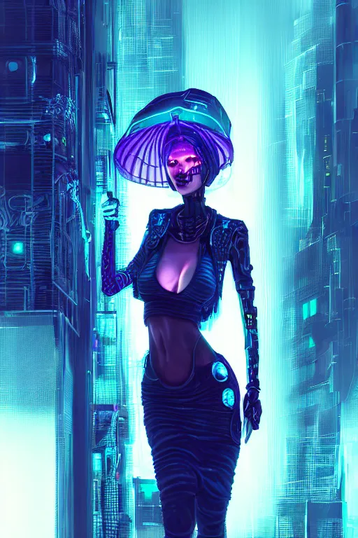 Image similar to portrait futuristic nefarious cyberpunk female Necromancer, in futuristic rainny thunder flashing tokyo rooftop cyberpunk night, ssci-fi, fantasy, intricate, very very beautiful, elegant, neon light, highly detailed, digital painting, artstation, concept art, soft light, hdri, smooth, sharp focus, illustration, art by tian zi and craig mullins and WLOP and alphonse mucha