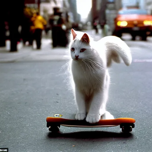 Image similar to leica s photograph, kodachrome film, subject is a white furry cat riding on a skateboard that is rolling down broadway in nyc