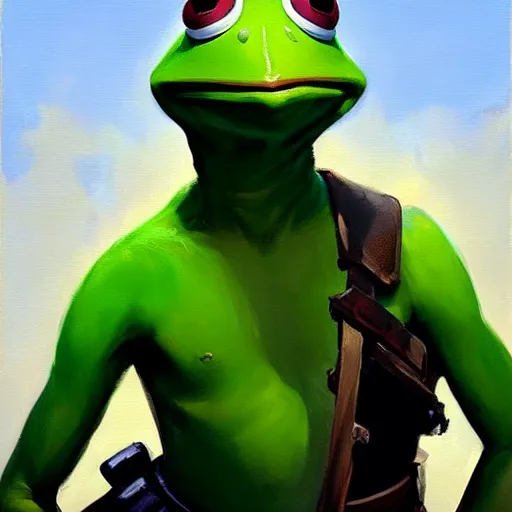 Prompt: Greg Manchess portrait painting of a Kermit the frog as Overwatch character, medium shot, asymmetrical, profile picture, Organic Painting, sunny day, Matte Painting, bold shapes, hard edges, street art, trending on artstation, by Huang Guangjian and Gil Elvgren and Sachin Teng