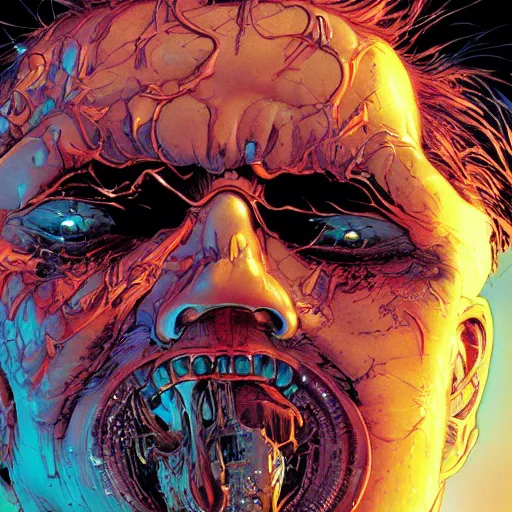 Image similar to closeup of face melting in agony, inside dark oil, frontal picture, by masamune shirow, josan gonzales and dan mumford