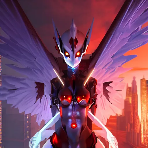 Prompt: cyberpunk evangelion angel invaders fighting dragons 4 k path traced high definition detailed artstation realistic trending dramatic lighting light and dark contrast