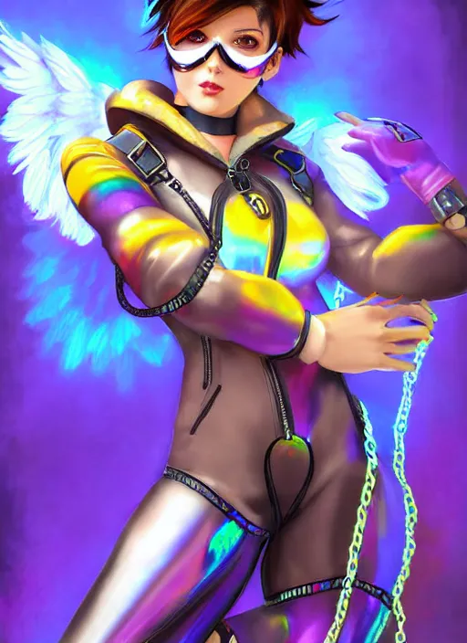 Image similar to portrait digital artwork of tracer overwatch, wearing iridescent rainbow latex and leather straps catsuit outfit, in style of mark arian, angel wings, dramatic painting, wearing detailed leather collar, chains, black harness, detailed face and eyes,