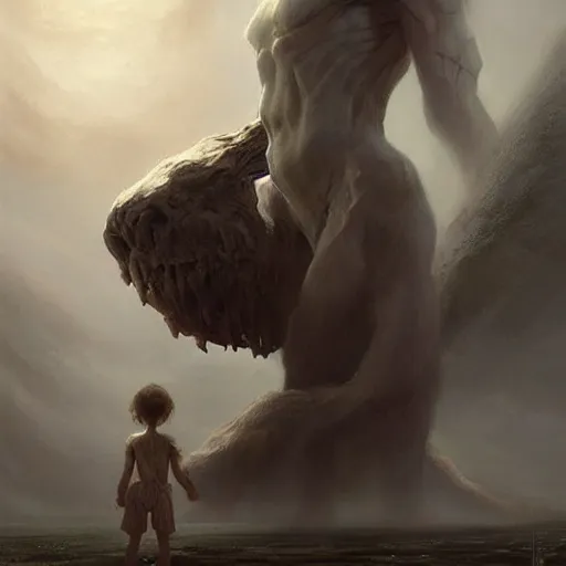 Image similar to a beautiful terrifying immense pale humanoid giant looms over a tiny human. ethereal horror fantasy art by artgerm and greg rutkowski