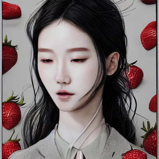 Image similar to the portrait of an absurdly beautiful, graceful, elegant, sophisticated, fashionable young kpop idol made of strawberries and white petals, an ultrafine hyperdetailed illustration by kim jung gi, irakli nadar, intricate linework, bright colors, octopath traveler, final fantasy, unreal engine 5 highly rendered, global illumination, radiant light, detailed and intricate environment