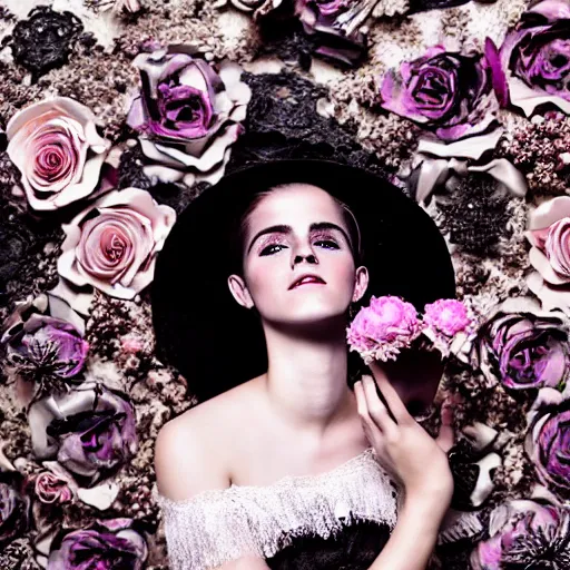 Prompt: on textured paper full body fashion model emma watson smokey eyes makeup eye shadow fantasy, glow, shimmer as victorian woman in a long white frilly lace dress and a large white hat having tea in a sunroom filled with flowers, roses and lush fern flowers ,intricate, night, highly detailed, dramatic lighting , high quality