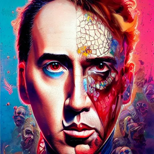 Image similar to beautiful portrait of Nic Cage by Tristan Eaton and Stanley Artgerm and Tom Bagshaw, Greg Rutkowski Carne_Griffiths