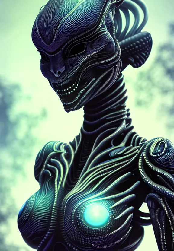 Image similar to ultra realist intricate detailed painting of a single attractive alien female, full body, curvy, black scales and cyborg tech, symmetry accurate features, very intricate details, bokeh focus, 8k render, artstyle Hiraku Tanaka, award winning