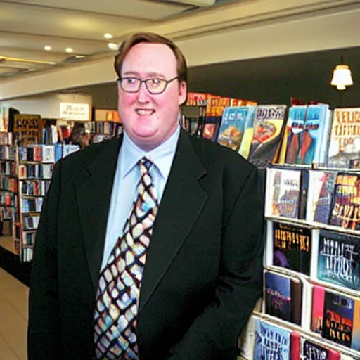 Prompt: 2 0 0 5 john lasseter wearing a black suit and necktie standing in line at a bookstore