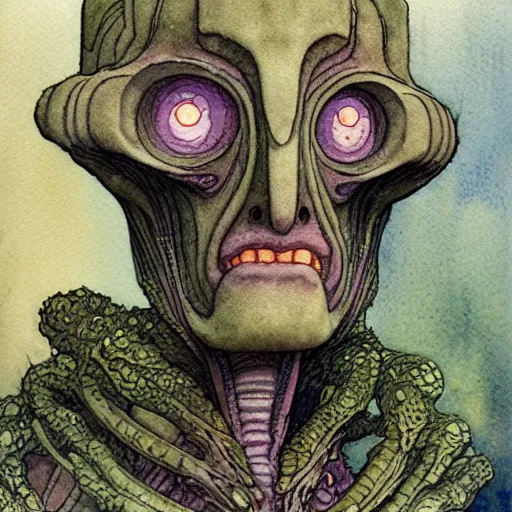 Prompt: a simple and atmospheric watercolour portrait of a pulp sci - fi alien repdiloid, very muted colors, by rebecca guay, michael kaluta, charles vess and jean moebius giraud