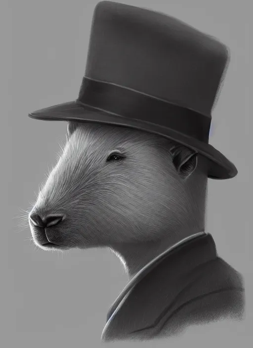 Prompt: film noir detective anthropomorphic capybara, detailed fur, fedora hat, overcoat, medium shot portrait, digital painting, dynamic lighting, trending on ArtStation, smoke