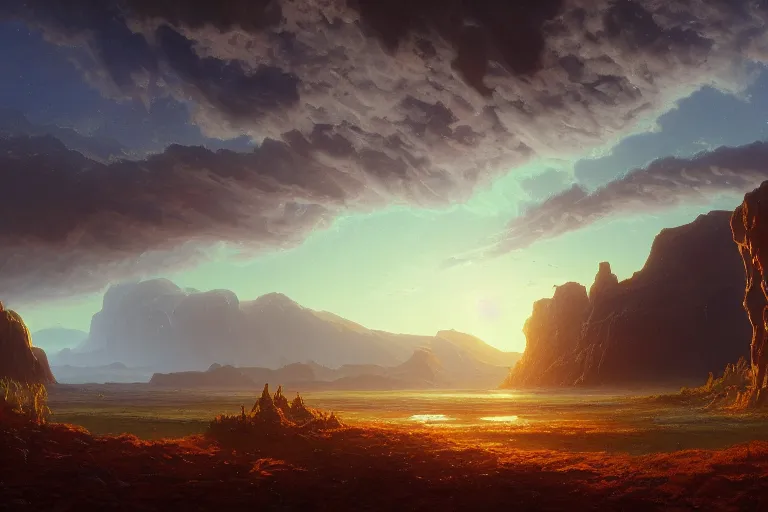 Prompt: a beautiful oil painting of serene alien landscape under the horizon line in the upper third by john howe and albert bierstadt and alena aenami and dan mumford and dave noton, unreal engine, trending on behance