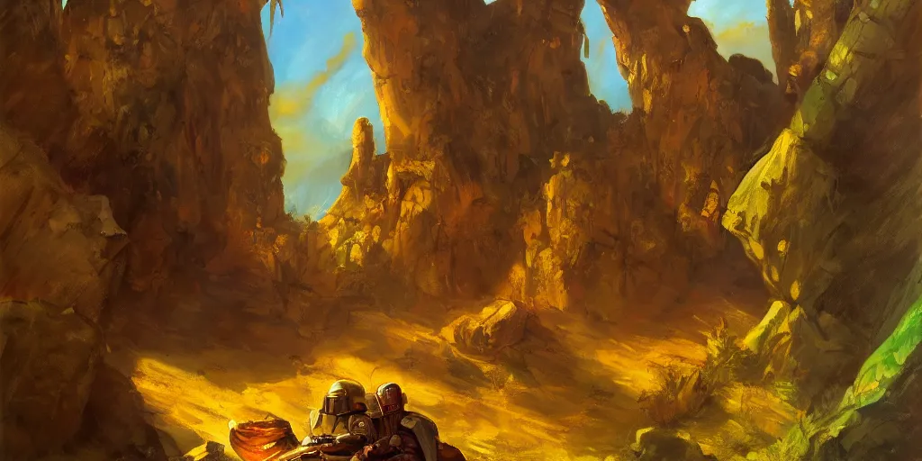 Prompt: Mandalorian, a rocky outcrop, a small bonfire, spaceship nearby, refined, dignified, style of rembrandt and ((don bluth)), bright natural light, saturated colors, very low energy