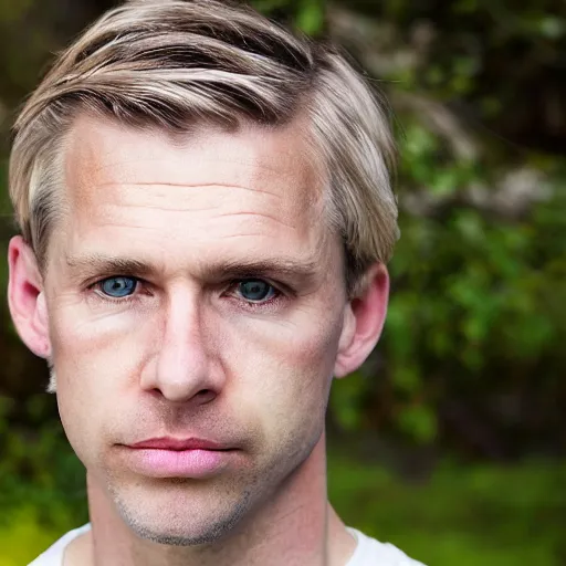 Image similar to full face color photograph of a 40 year old very handsome white man with very short, wavy, light blond hair and very small slanted blue eyes, dressed in a white t shirt, gray shorts and black socks, with very thin lips, with a straight nose and blond stubble on his oval face, and pale skin. He resembles a lion.