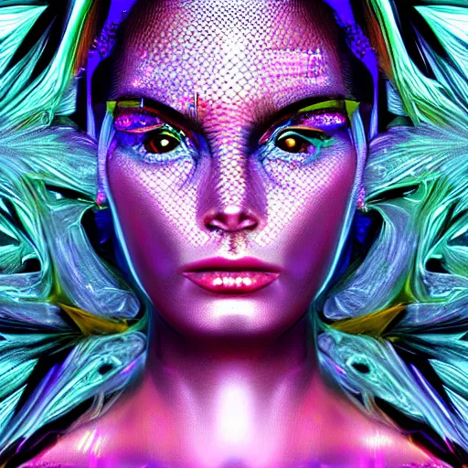 Prompt: hyperrealism mythological portrait of techno goddess, highly detailed, digital painting, illustrations