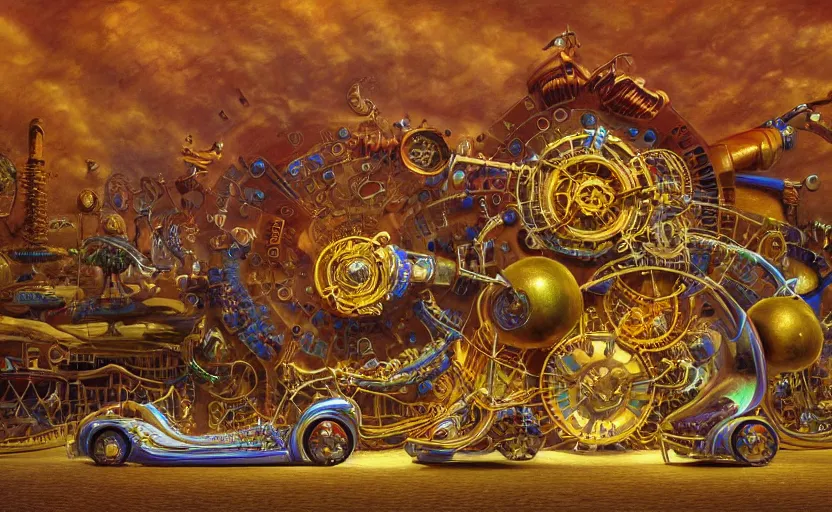 Image similar to “a singular psychedelic steampunk music machine made of intricate guitars pianos saxophones drums and synths, by Vladimir kush , by Roger dean, By syd mead, by josip csoor, 8k resolution, realistic shadows, 3D, rendered in octane, volumetric lighting, hyper detailed, photorealistic, psychedelic”