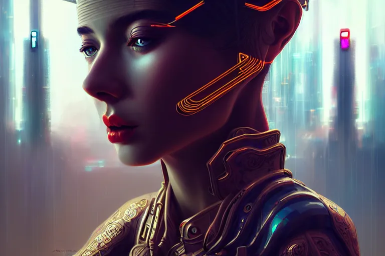 Prompt: surreal Portrait of goddes of war in cyberpunk city, elegant, highly detailed, smooth, sharp focus, illustration, beautiful, geometric, dmt trending on artstation, cinematic, artwork by WLOP