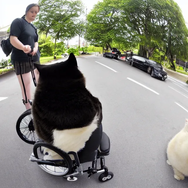 Prompt: fisheye photo of super fat angry cat sitting in a wheelchair