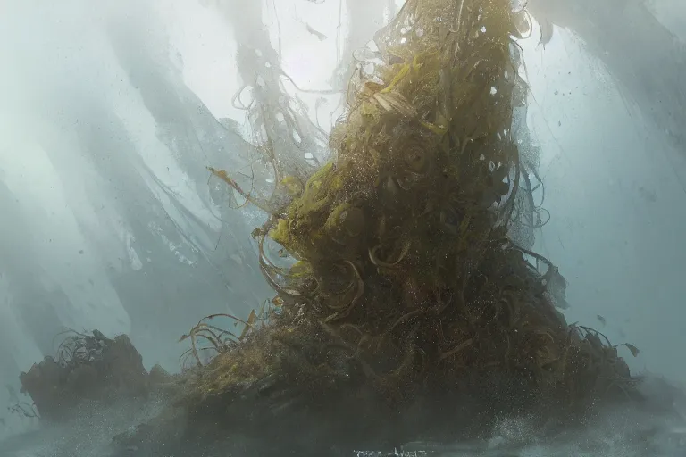 Image similar to danger lurks from kelp forest by jean - baptiste monge, high quality, high resolution, 4 k, painted by cgsociety, rutkowski, gurney with ambient lighting, concept art, detailed, smooth, dynamic volumetric cinematic lighting, octane, raytrace