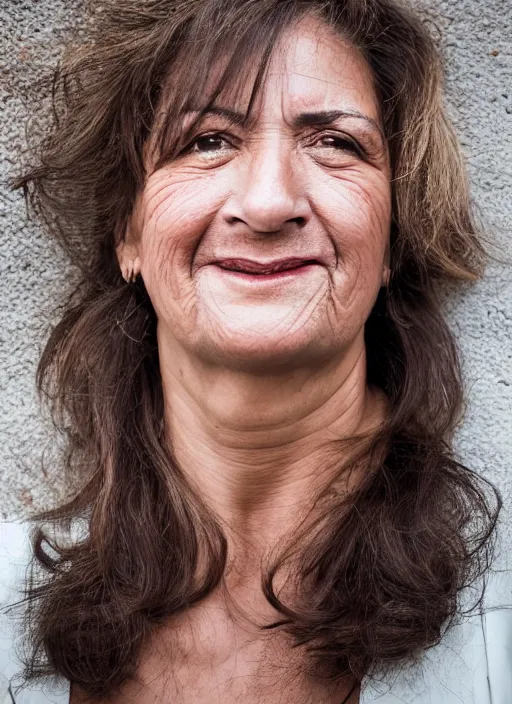 Prompt: portrait of beautiful Spanish 50-year-old well-groomed plump woman model, with lovely look, happy, candid street portrait in the style of Martin Schoeller award winning, Sony a7R
