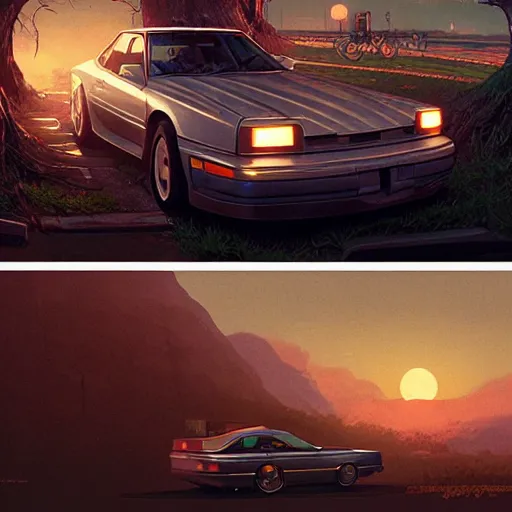 Image similar to detailed intricate digital illustration by greg rutkowski and artgerm and wlop and sanford robinson gifford ; 1 9 9 4 vehicle, 1 3 mm film, wide angle arri alfa anamorphic lens ; bright, vintage headlights and 1 9 9 0 s design ; sharp focus, soft evening lighting