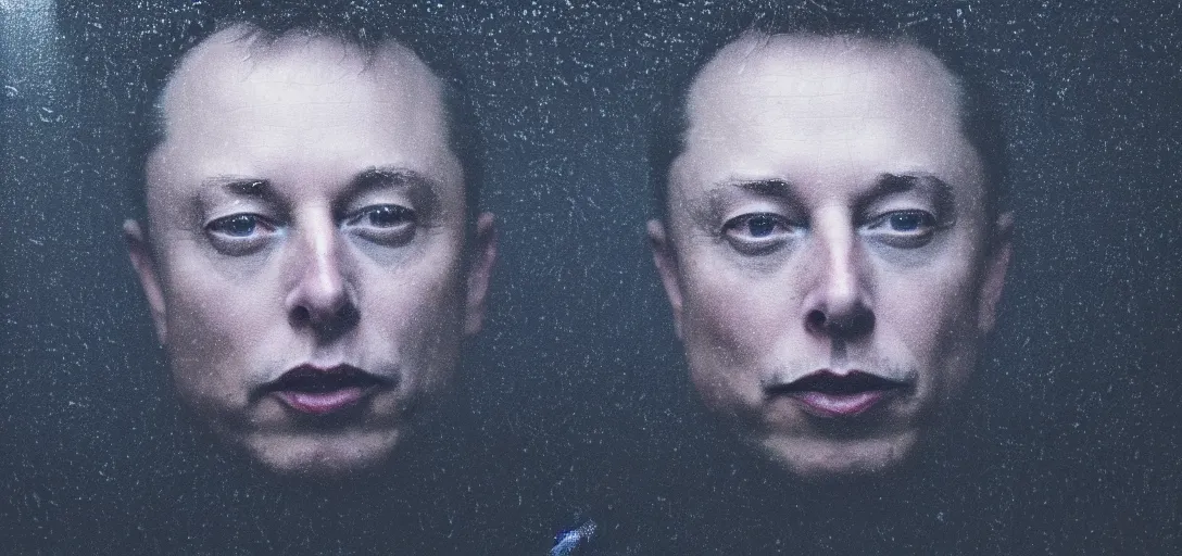 Image similar to dark photo of dark blue rainy bedroom window at night, dimly lit creepy face of elon musk staring in through the window, horror, scary face,